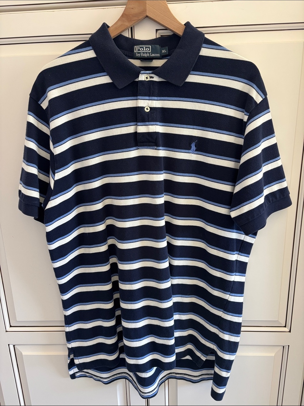 Vintage Polo Ralph Lauren Pique Blue Striped Short Sleeve Polo Shirt Mens‎ XL